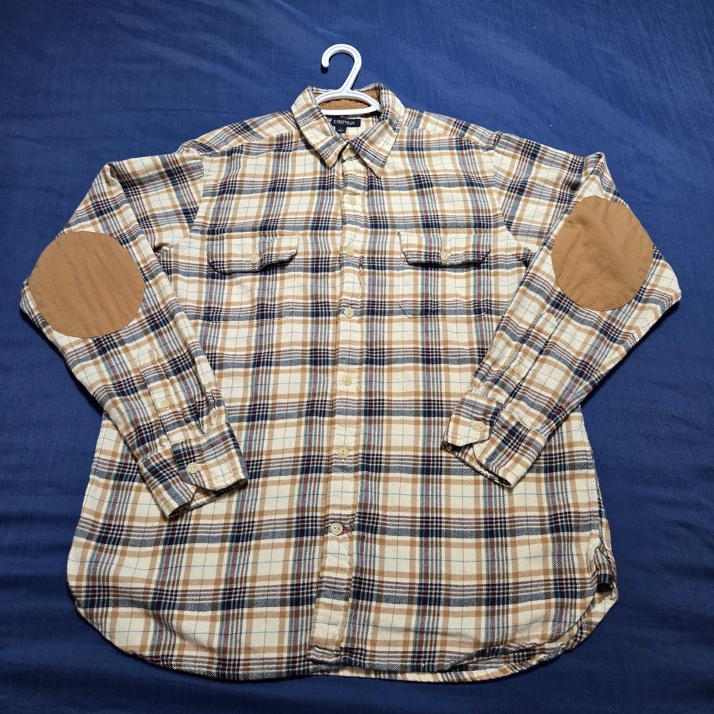 Cremieux Flannel Shirt Mens Large Tan Plaid Excellent Elbow Patches Button Down